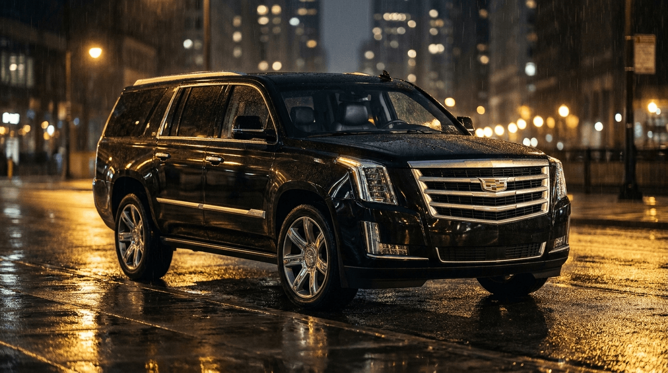 Black Cadillac Escalade ESV on a wet city street at night