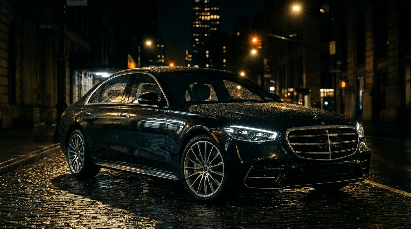 Black Mercedes-Benz S-Class on a rain-slicked city street at night