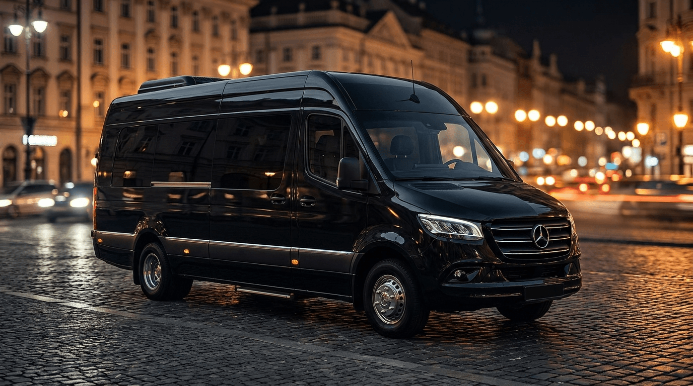Black Mercedes-Benz Sprinter executive van on a cobblestone street at night