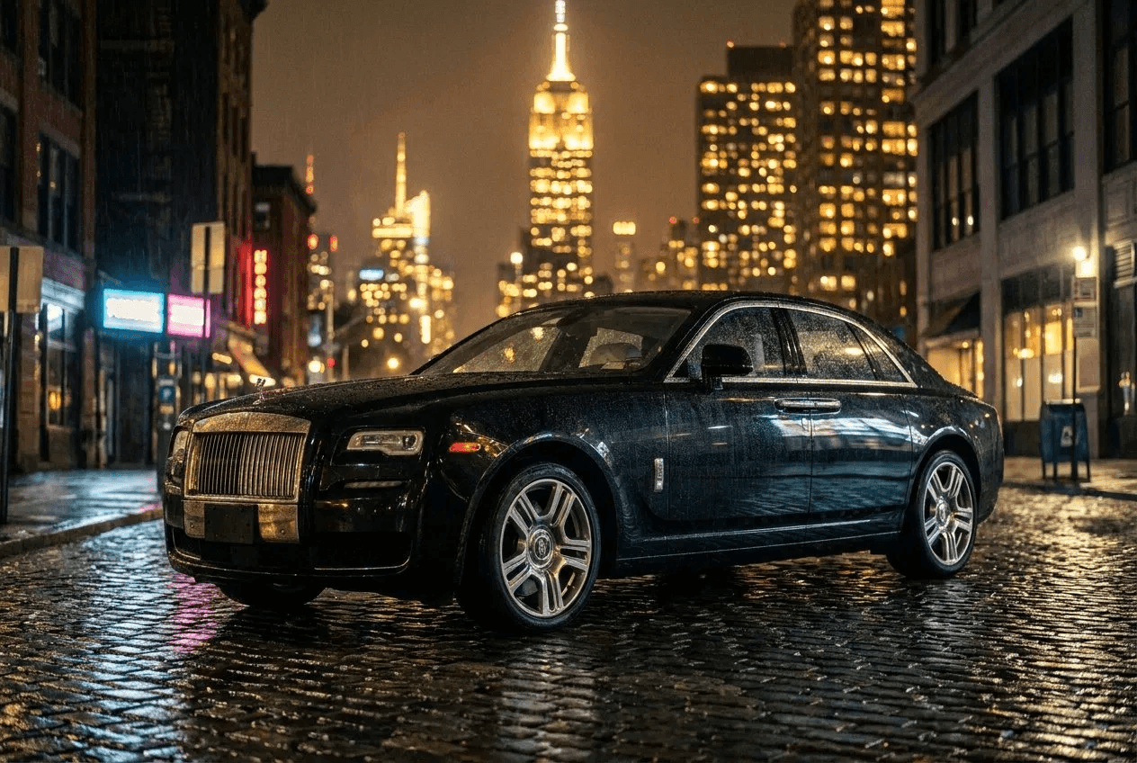 Luxury black sedan on a rain-slicked cobblestone street with the city skyline lit up at night
